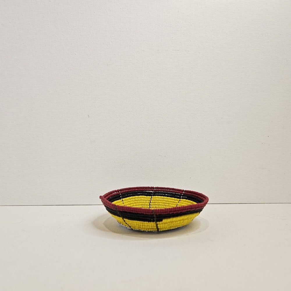Handmade Woven Basket Multi-Colored Threaded Pattern -3 1/4" Across, 1" Depth
