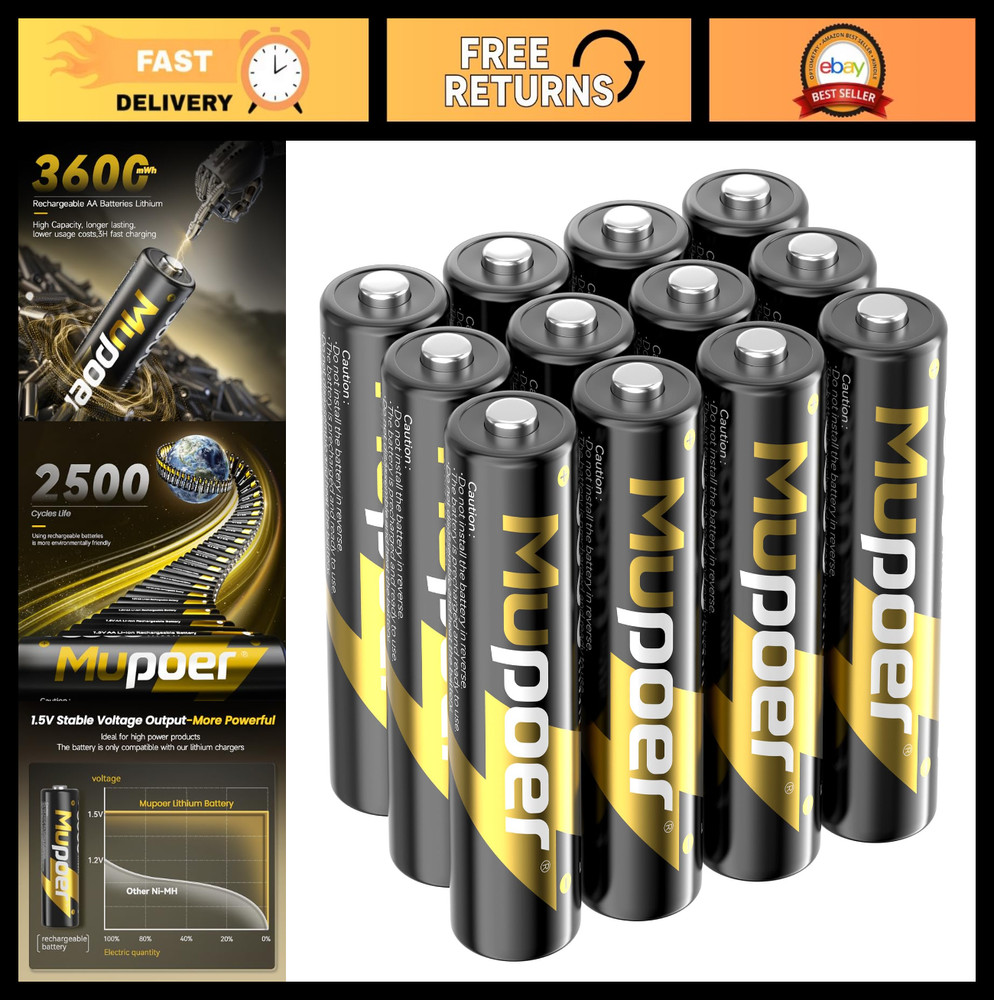 12 Pack Rechargeable AA Lithium Batteries 1.5V 3600mWh, Long Lasting Power for D