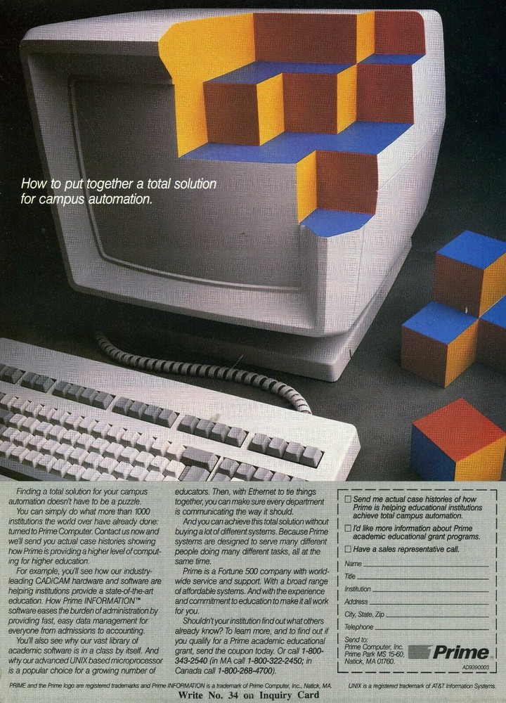 ITHistory AD  (1987) PRIME COMPUTER "TOTAL SOLUTION CAMPUS AUTOMATION"  ** AS