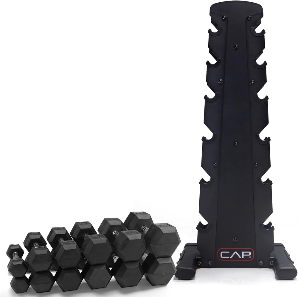 Dumbbell Weight Set 210 lb Black Rack Handle Coated Vertical