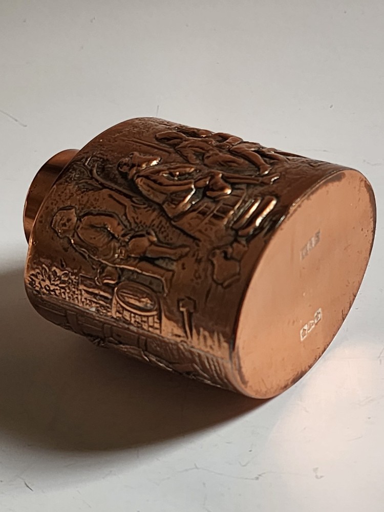 Antique Bright COPPER Tea Caddy Repousse People In Streets Hallmarks On Bottom