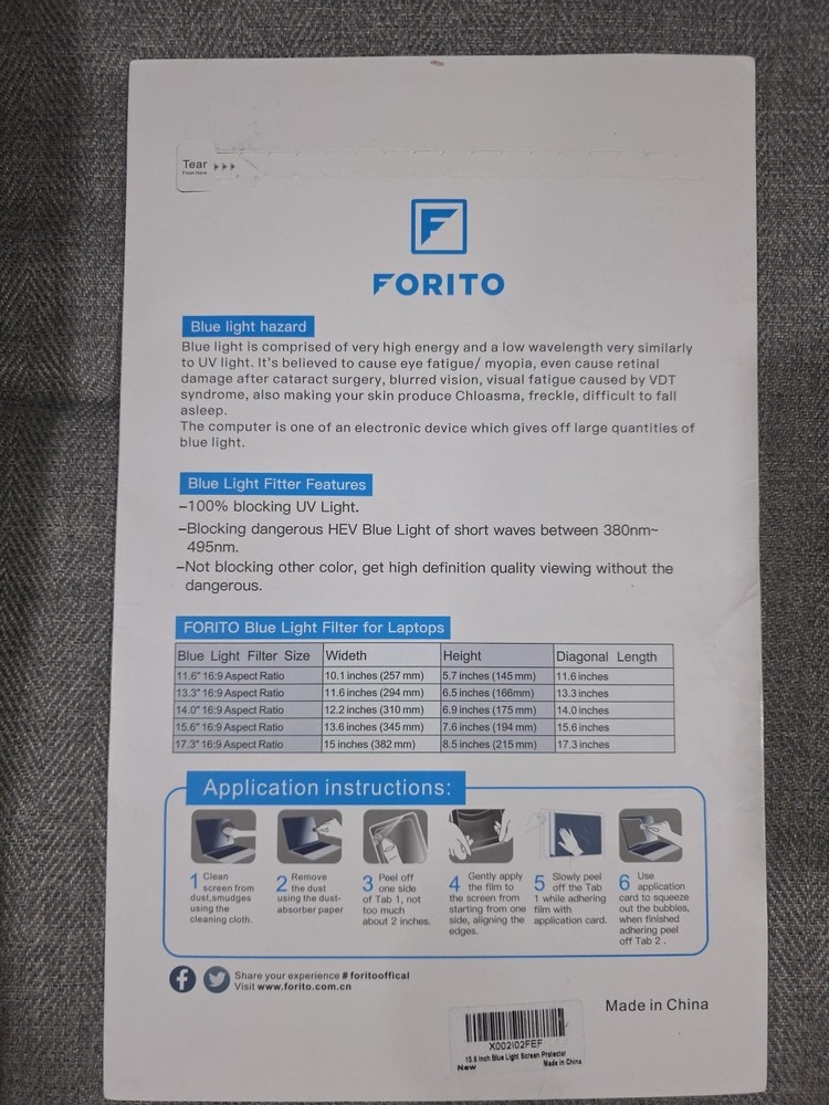 Forito Anti Blue Light Protector For 15.6" (16:9)