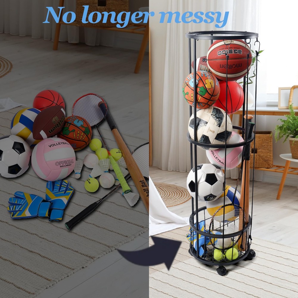Upgrated Ball Storage Rack with Small Bottom Ball Holder, 3 Adjustable Elasti...