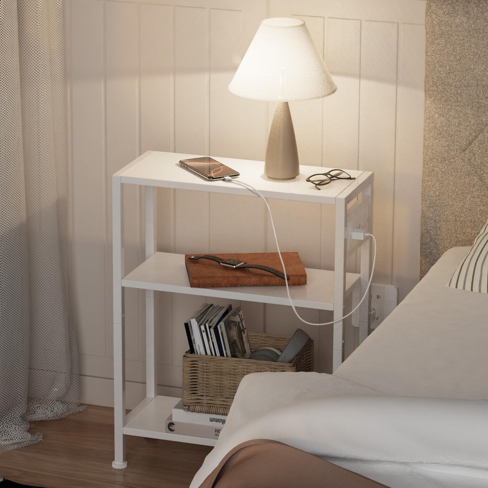 End Table Charging Station 3-Tier Side Table USB Type C 2 Outlets White