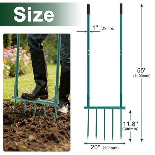 Broad Fork Garden Tool - 5 Tines Heavy Duty Broadfork for Digging, Aqua