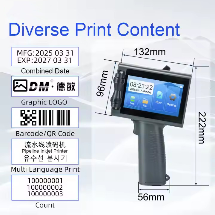 Handheld inkjet printer 25.4mm prints date text logo pattern on packaging bag