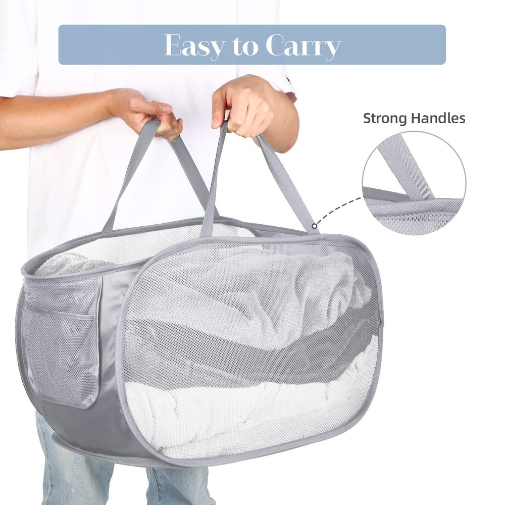 Durable Collapsible Laundry Baskets, Mesh Pop Up Horizontal, Gray