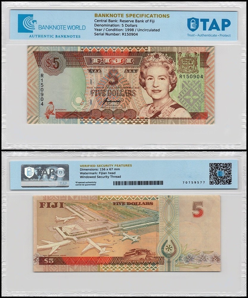 Fiji 5 Dollars, 1998 ND, P-101a, UNC, TAP Authenticated
