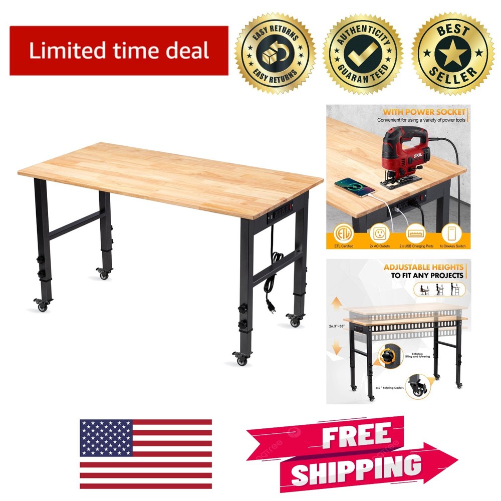 Eco-Friendly Rubber Wood Workbench with 2000 LBS Capacity - Adjustable & Mobile