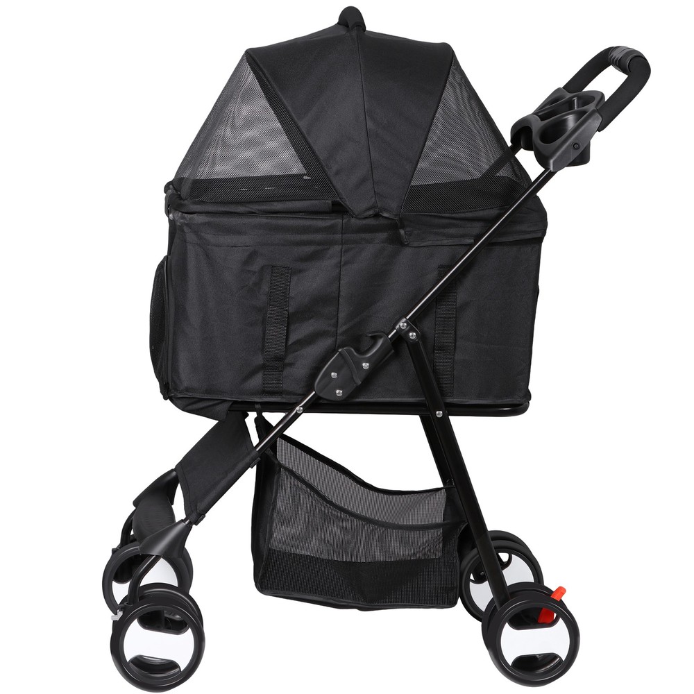 Dog Stroller Cat Stroller 3-in-1 Multifunctional with 4 Wheels Black Foldable