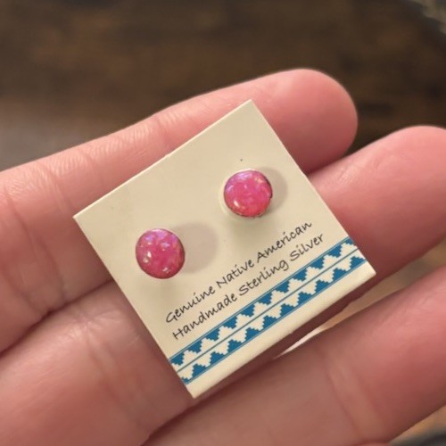 Native American Sterling Silver Pink Glittery Opal Stud Earrings