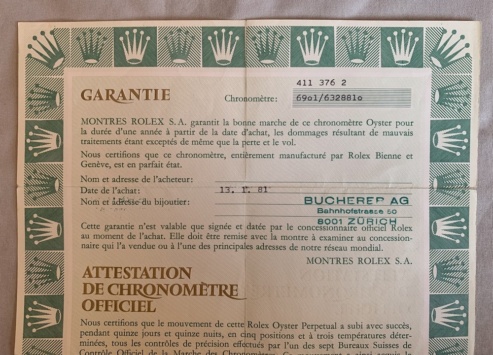 Vintage genuine Rolex ref 6901 Guarantee serial 6 Millon