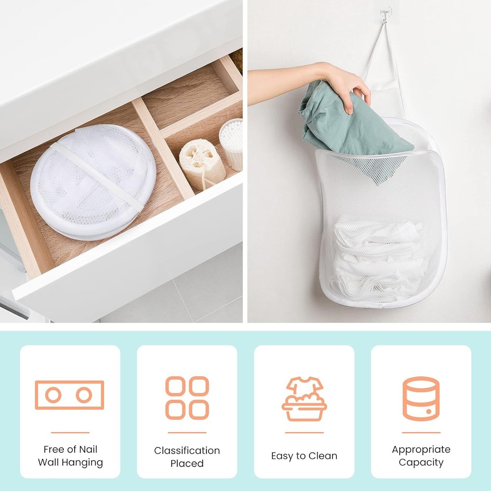 3 Pieces Hanging Laundry Hamper Bag to Hang Foldable Mesh White