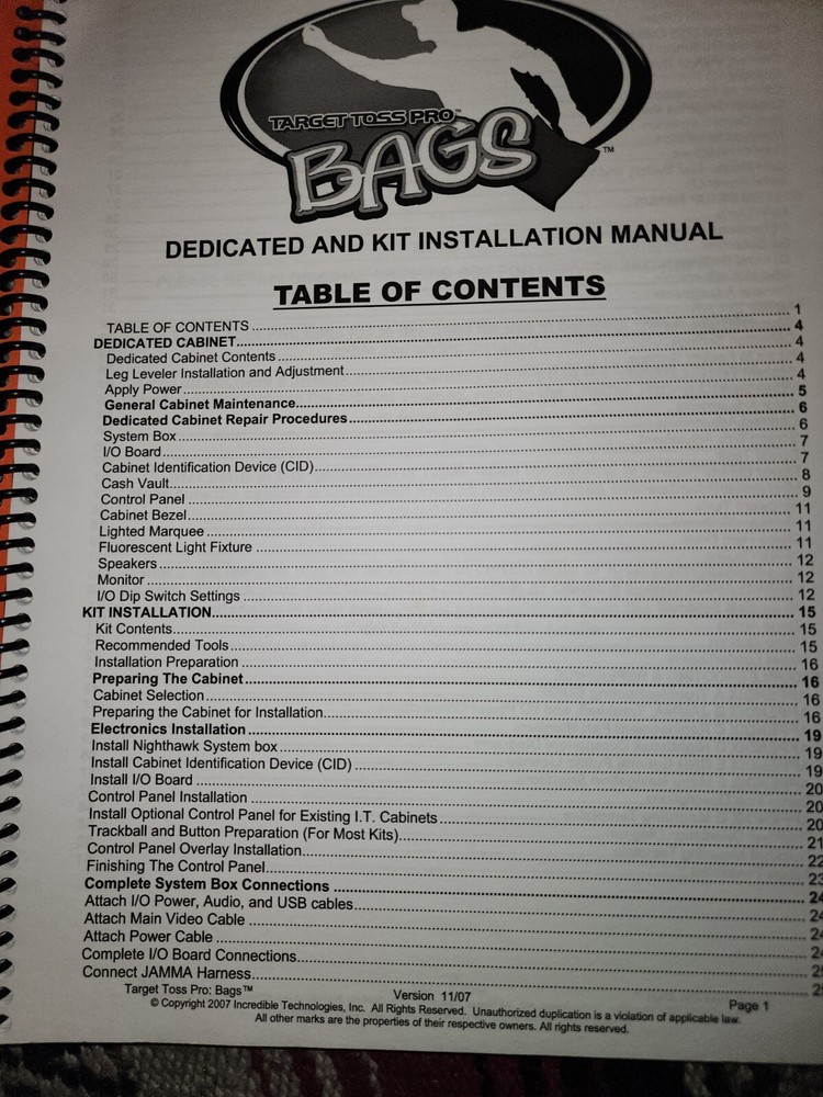 Bags Manual Arcade Incredible Technologies