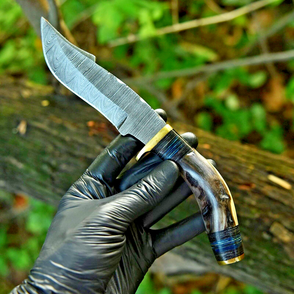 Stag Handle Knives- Damascus Fixed Blade Bowie Knife Ram Horn Handle