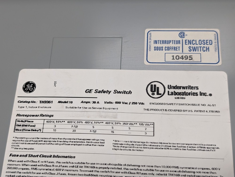 GENERAL ELECTRIC TH3361 Model 10 Safety Switch (USED).