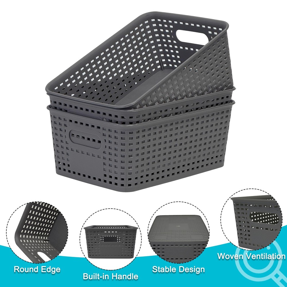 3 Pack Plastic Storage Baskets with Handles,Stackable Organizer Bins for Clos...