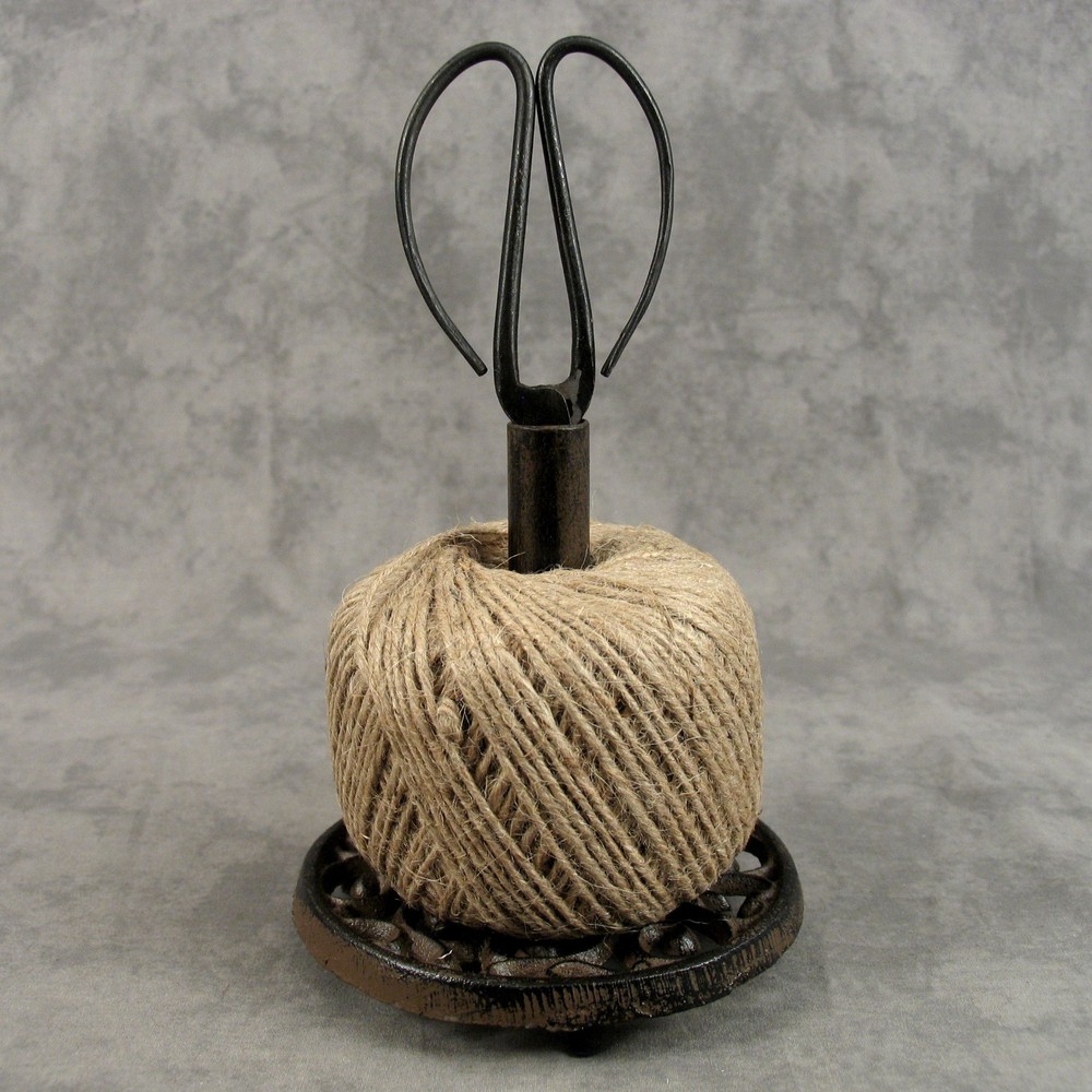 Cast Iron TWINE STRING HOLDER Vintage Style w/SCISSORS & TWINE Kitchen or Crafts