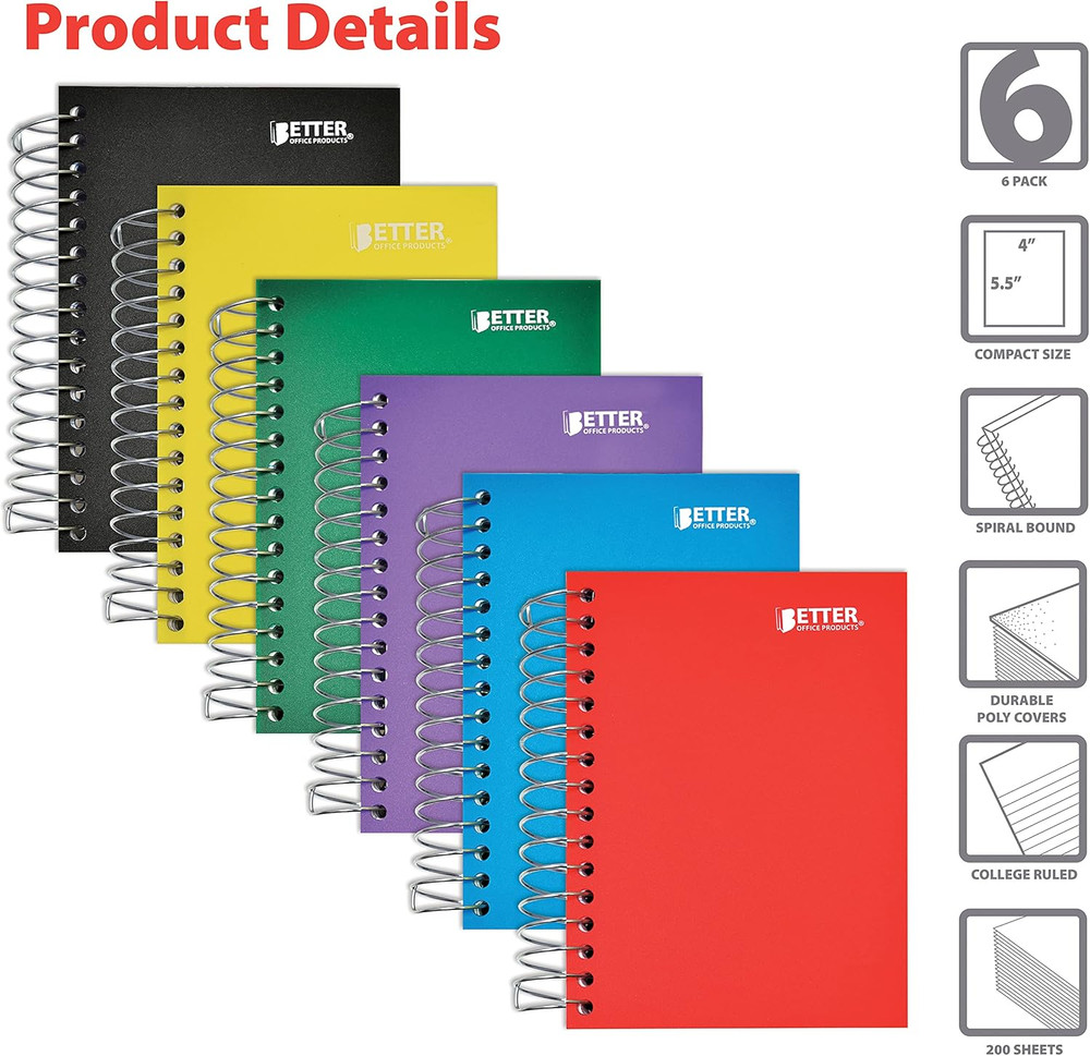 Fat Book Spiral Notebooks, 6 Pack, Small Notebooks with Poly Plastic Covers, 5.5