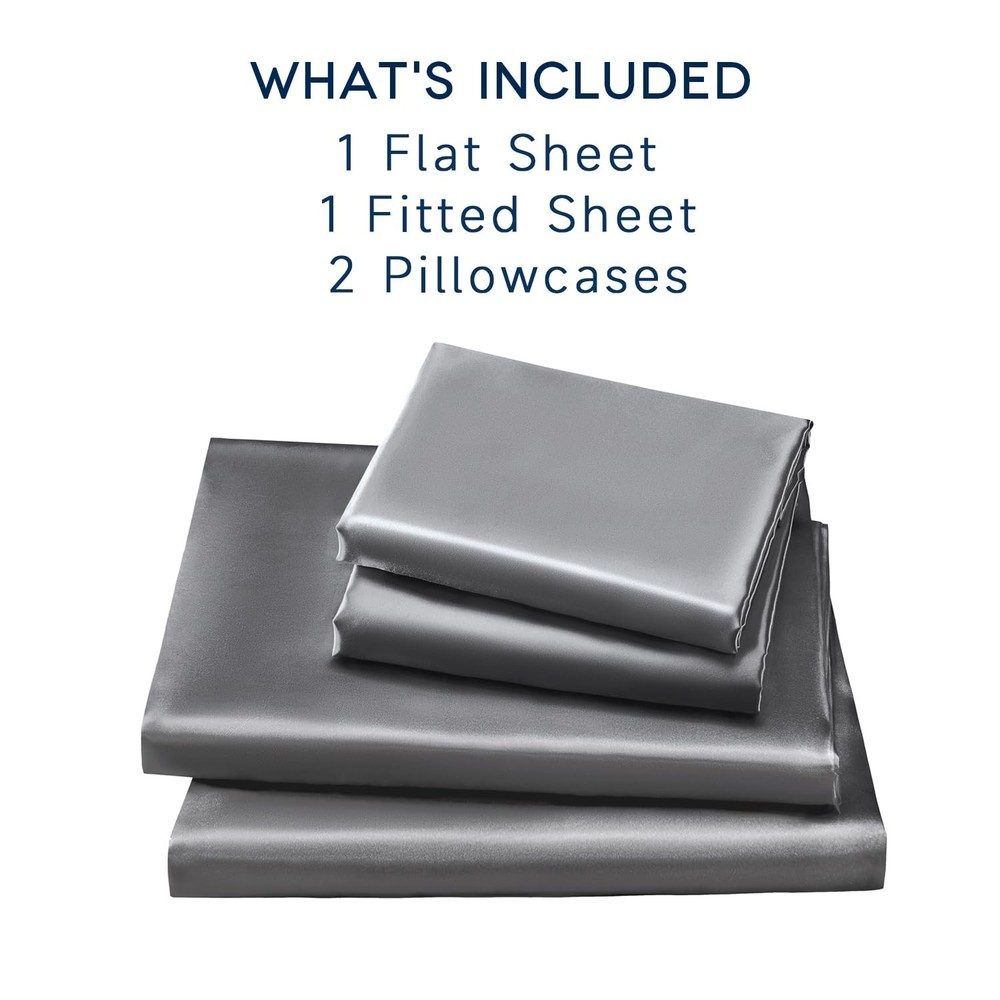 Satin Sheets Queen Size - 4 Pieces Luxury Silky Soft Bed Sheets, -Dark Grey S...