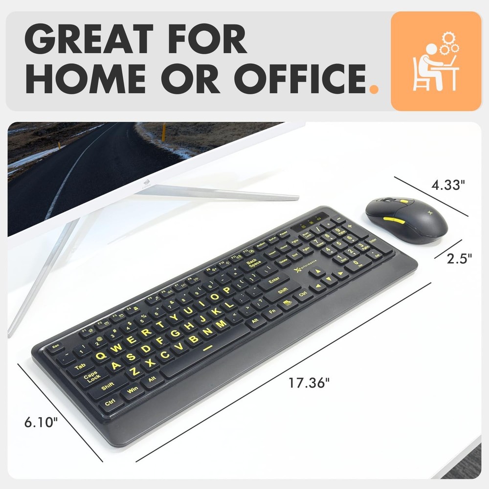 Large Print Wireless Keyboard Mouse Combo 4X Larger Oversize Yellow Letters