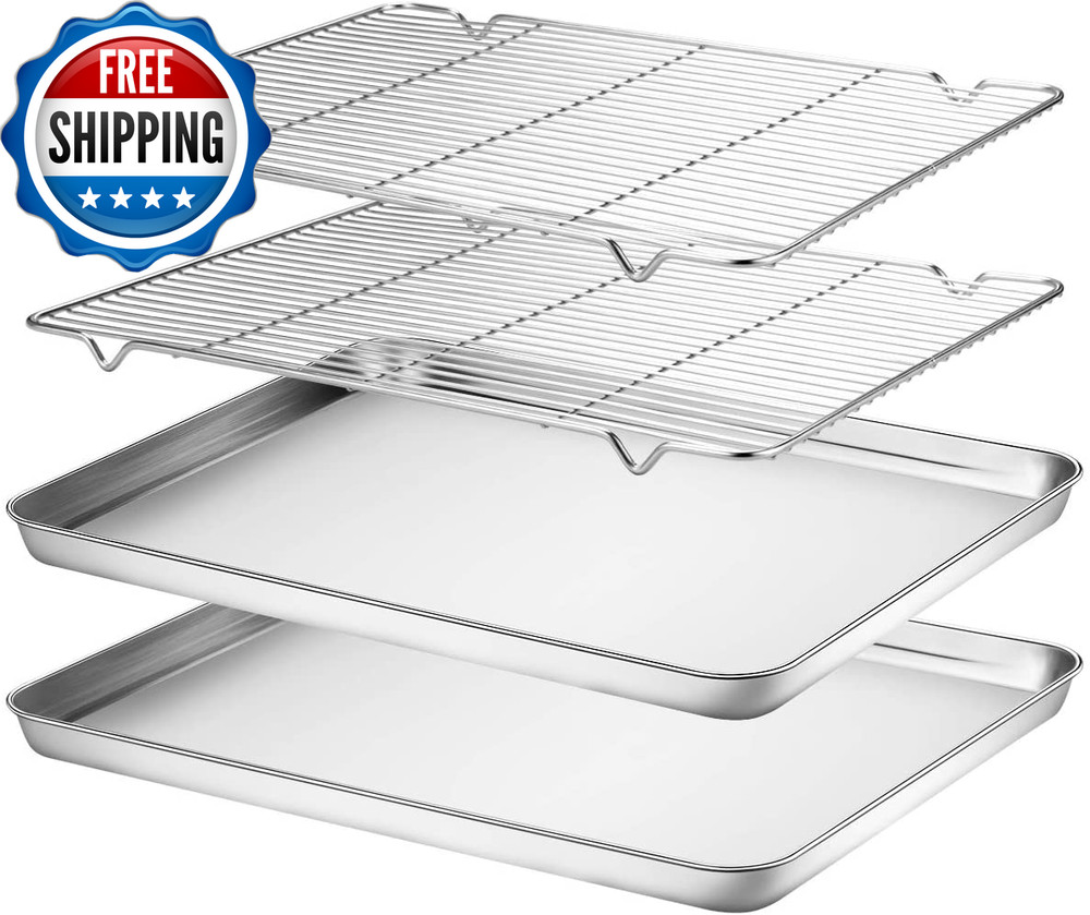 Baking Sheet & Rack Set [2 Sheets + 2 Racks], Stainless Steel Cookie Pan with Co