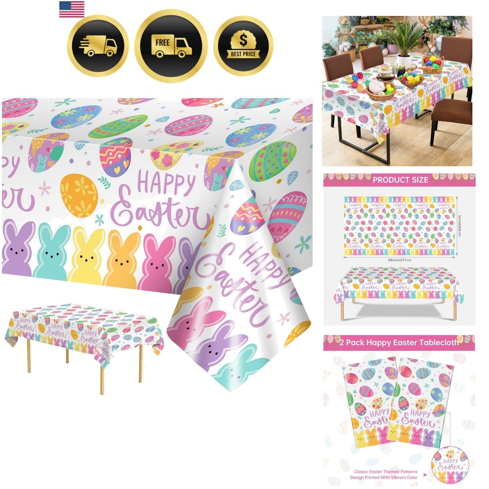 2 Pcs Happy Easter Table Cloth - Plastic Bunny Eggs Tablecloth, Disposable Re...