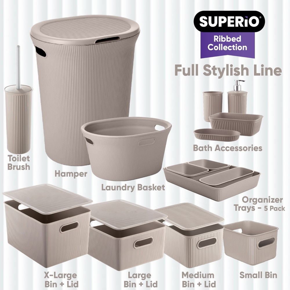 Decorative Plastic Laundry Baskets 35 Liter, Taup (2 Pack) with Cut-Out Handle