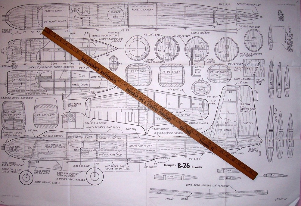 B-26 EXACT SCALE PLANS + CONSTRUCTION ARTICLE for 52" WW 2 UC Model Airplane