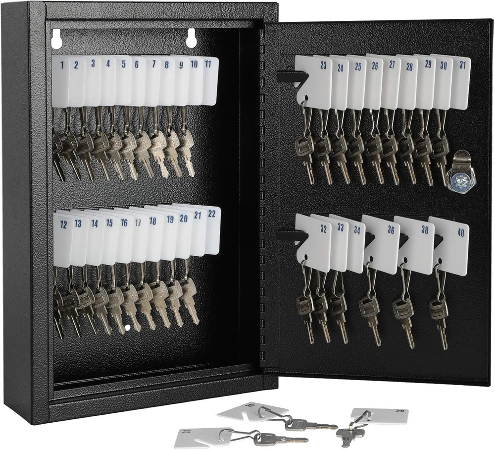 Professional 40-Key Lock Box, Wall Mount, Secure Steel, Key Storage, Black
