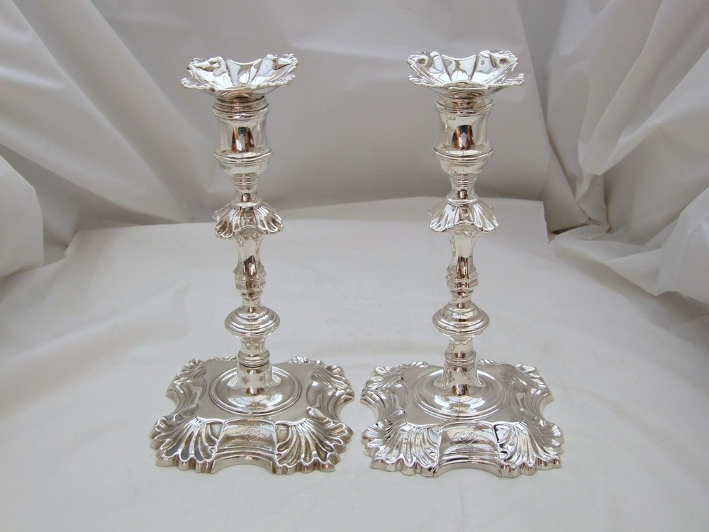 RARE PAIR Geo II HM STERLING SILVER CANDLESTICKS 1747