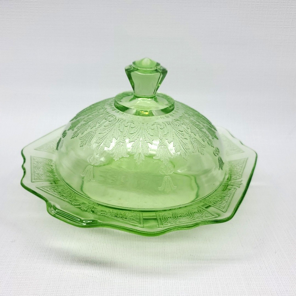 Anchor Hocking Uranium Glass Covered Butter Dish Princess Pattern *READ*