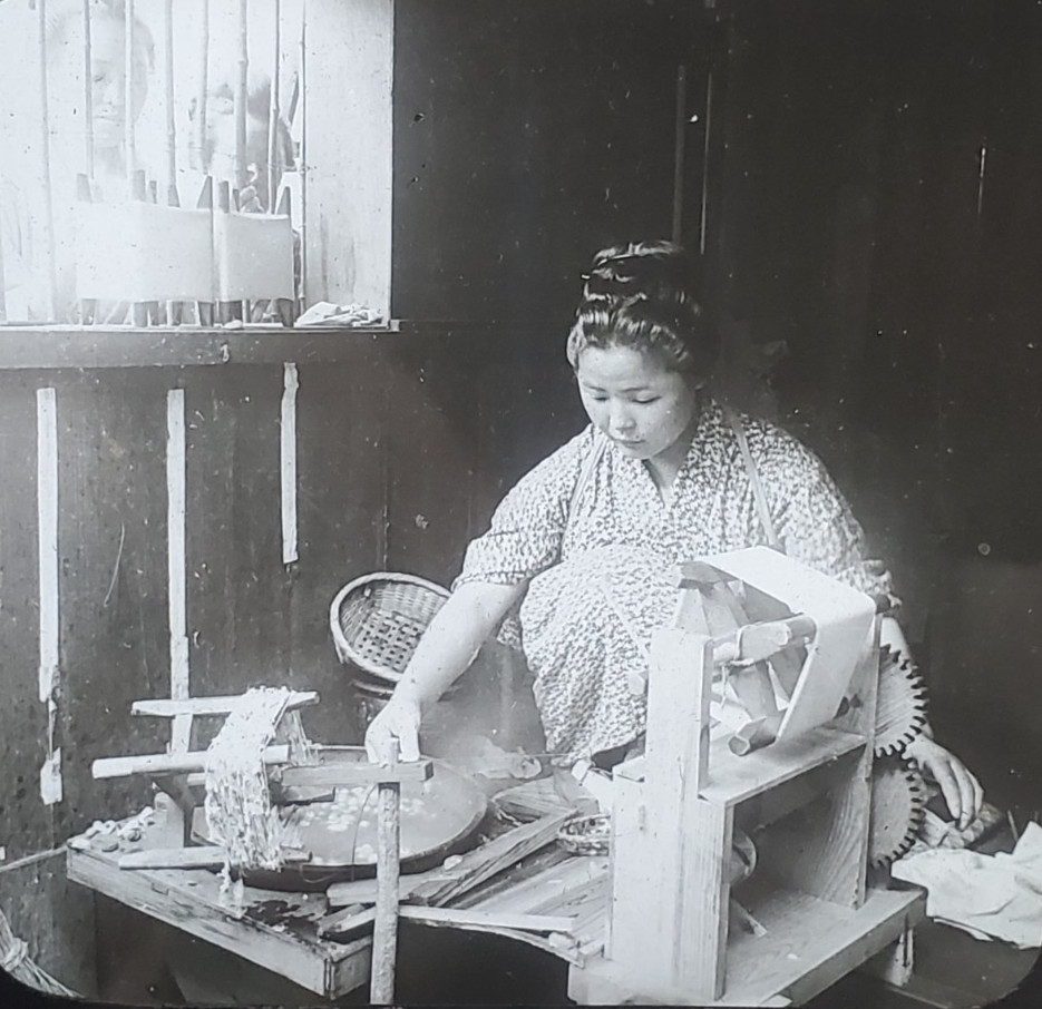 Reeling Silk From Cocoons, Japan, c1910's Magic Lantern Glass Slide