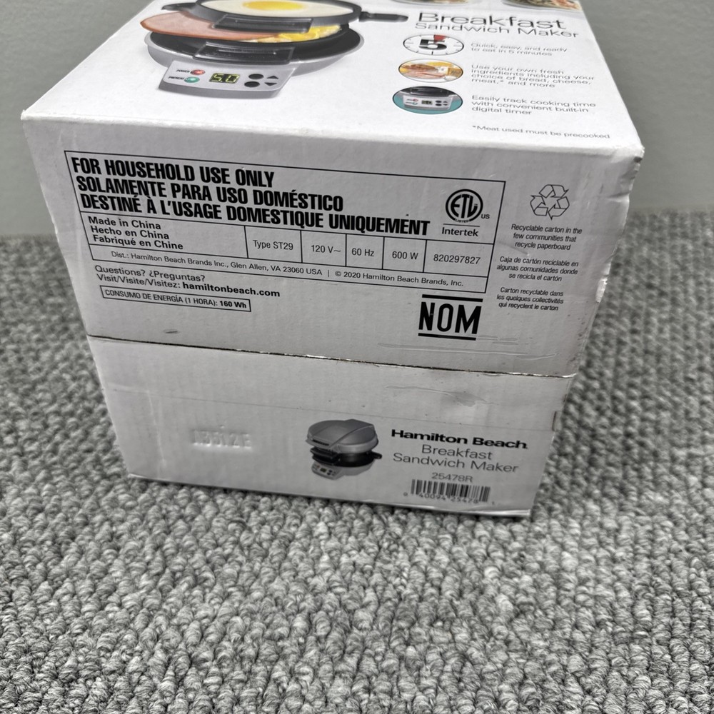 Hamilton Beach Breakfast Sandwich Maker Timer Nonstick Dishwasher Safe 254786