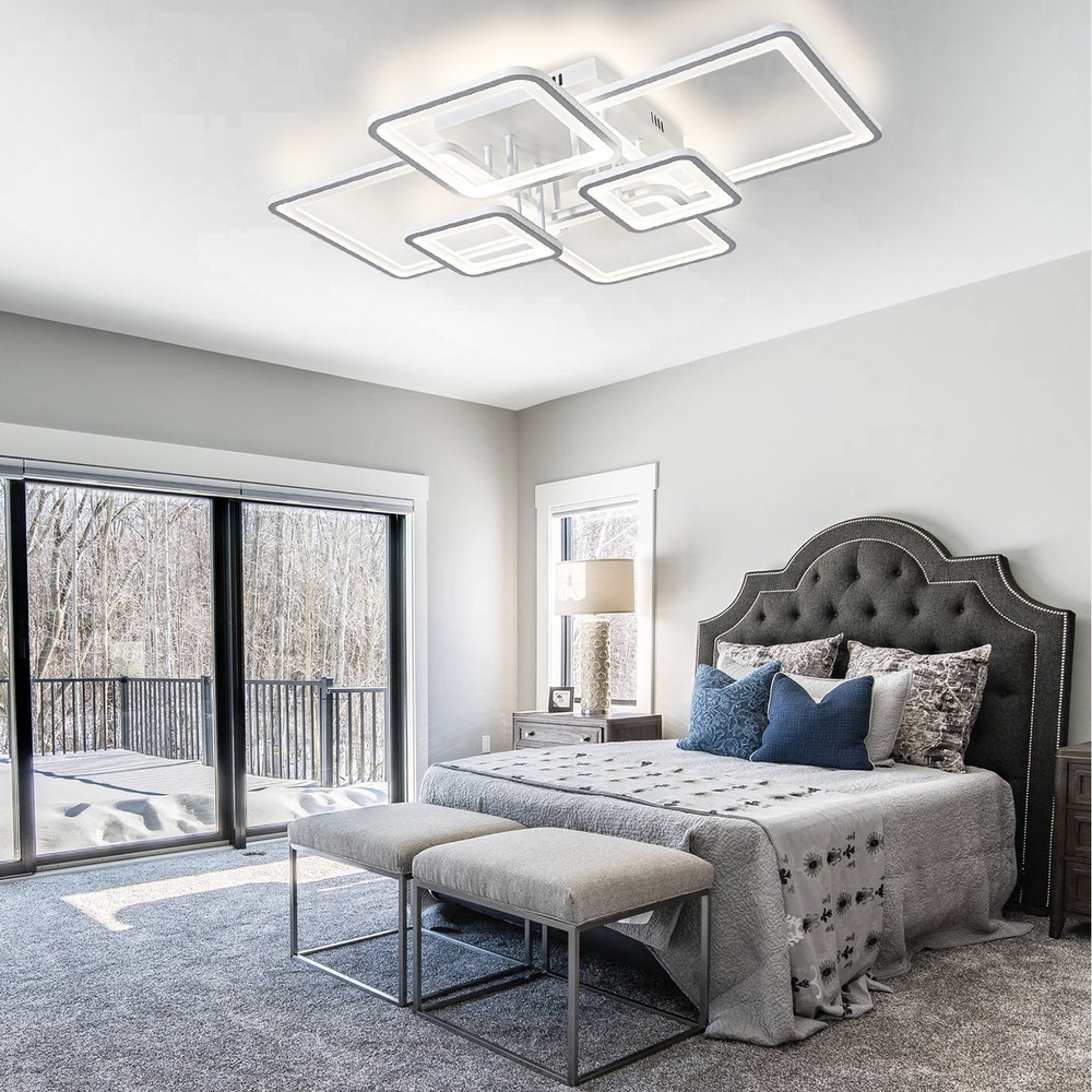 6-Ring Dimmable LED Ceiling Lamp – White Flush Mount Light with Remote Control