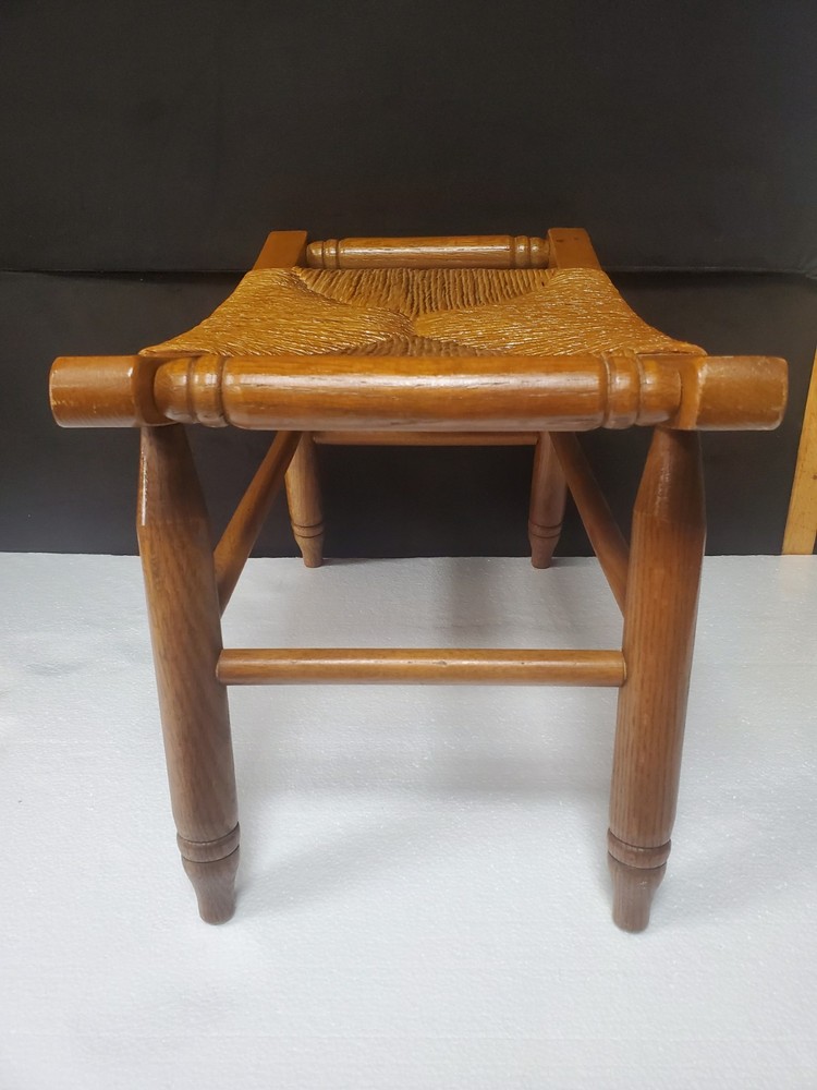 Mid Century Solid Wood Woven Rush Footstool