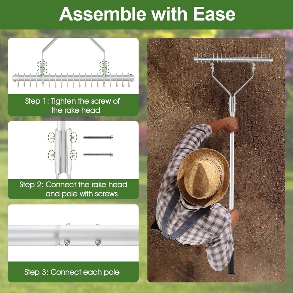 70" Garden Thatch Rake w/ Long Handle & 19 Curved Tines