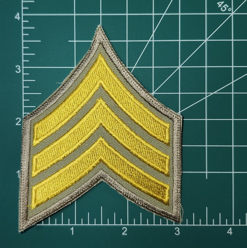 (2) Sergeant Chevron Patch - 3 Yellow Stripes on Khaki Twill & Border