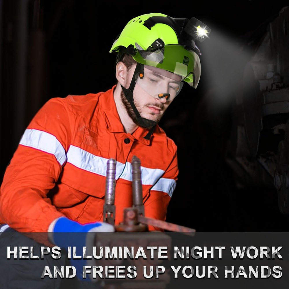 Safety Helmet Hard Hat with Rechargeable Headlamp Light and Visor Constructio...
