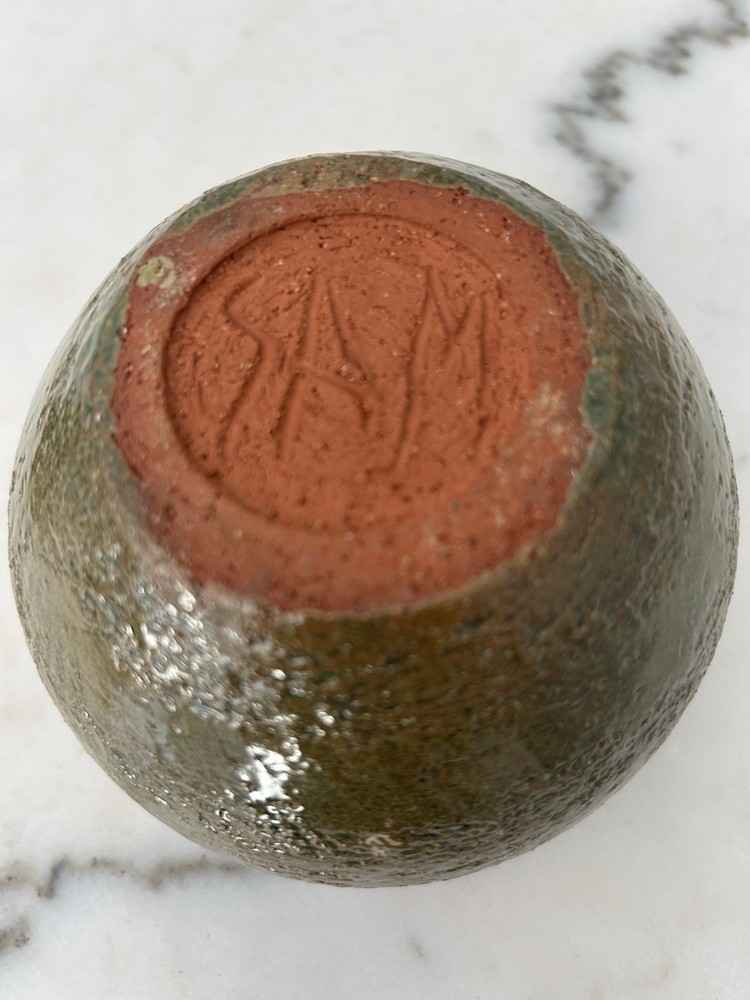 Stoneware pottery lidded jar with green salt glaze