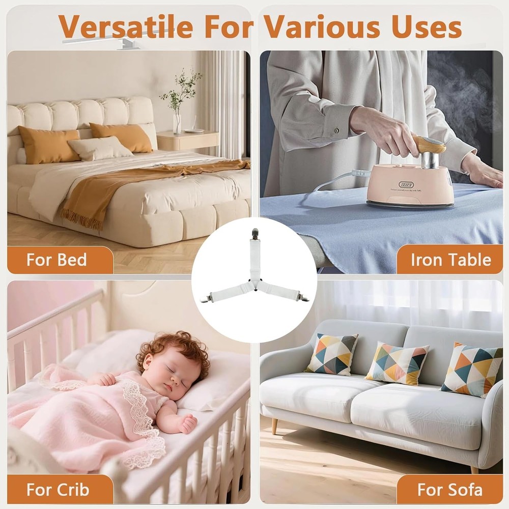 4PCS Bed Sheet Straps with Metal Clips, Adjustable Elastic Fitted Sheet Holders