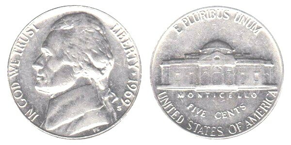 1969 D & S JEFFERSON NICKEL GEM UNCIRCULATED