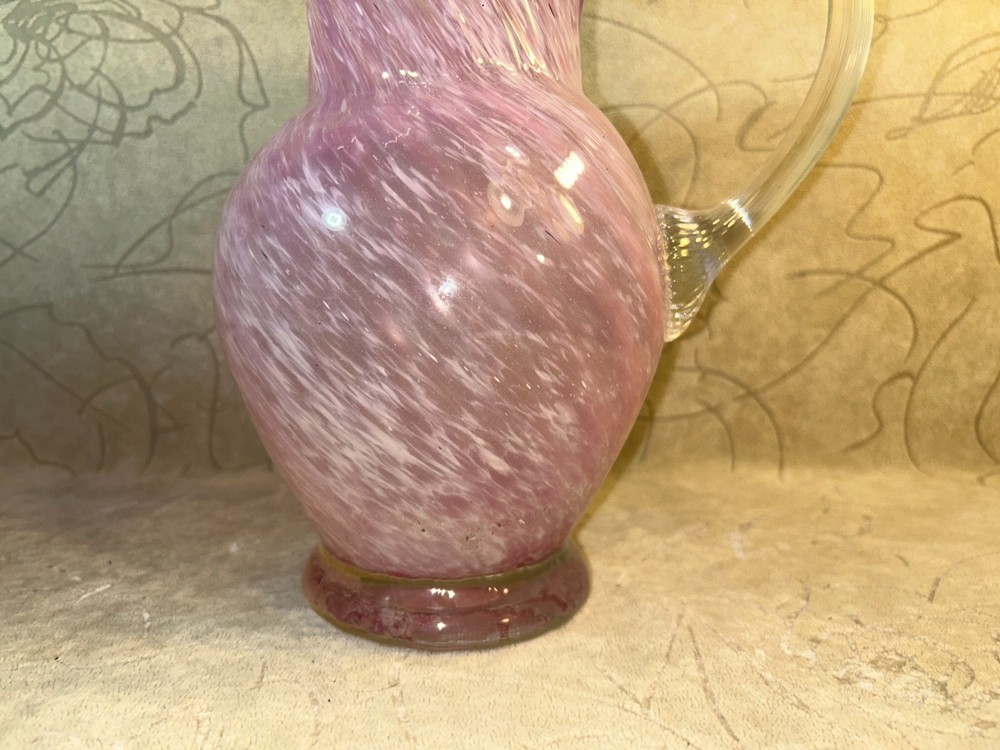 1980s Pink and White Spatter Glass Pitcher with Applied Threaded Handle Ruffled
