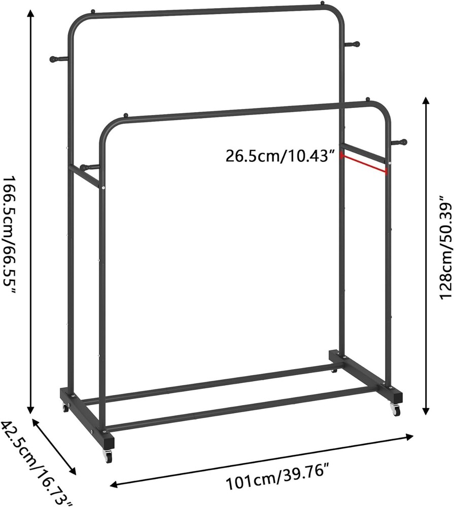 Double Rod Garment Rack with Wheels, 4 Hooks, Multi-functional Black Cloth Rack