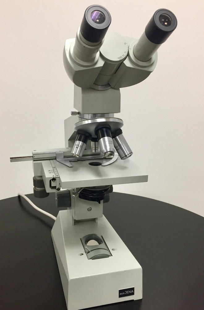 ZIESS ausJENA Microscope with 4 Objectives and light source