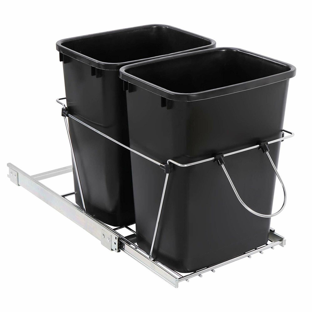 Set of 2 Pull Out Trash Garbage Can Sliding Kitchen Waste Container Durable