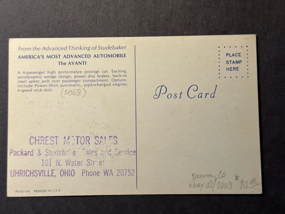 Vintage Postcard Studebaker Avanti Automobile 1962/63