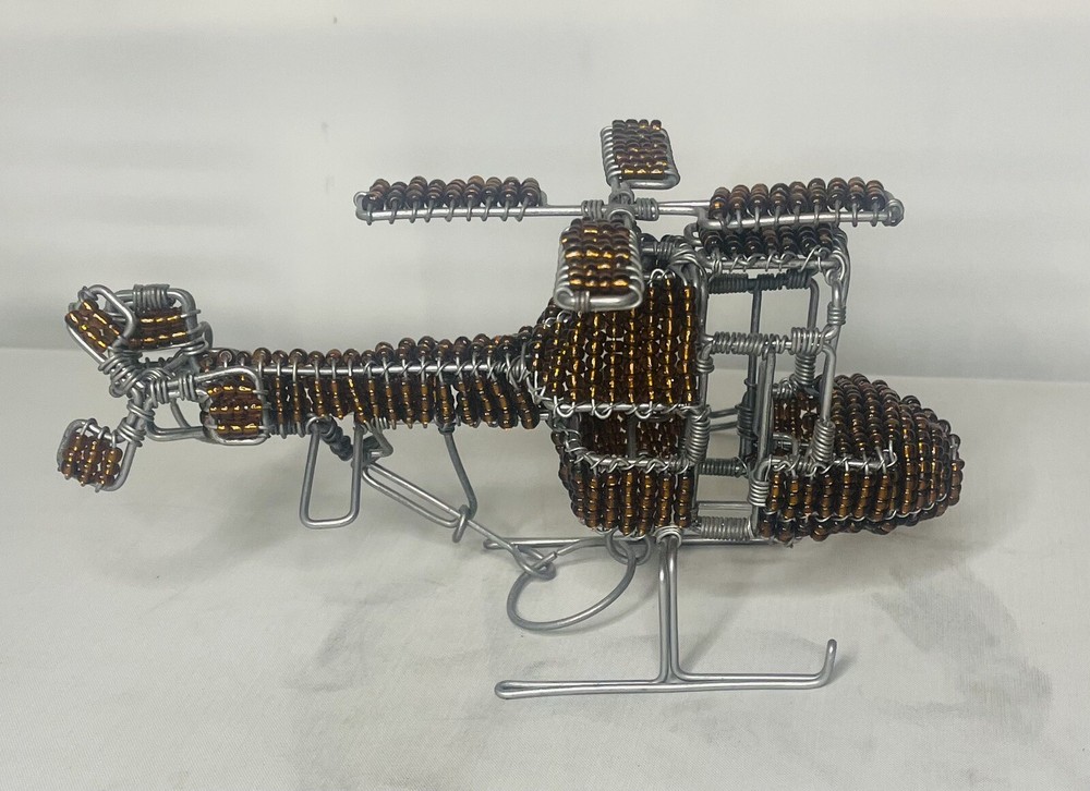 Wire Beeded Sculpture Model Brown Helicopter . Functional Propellers !