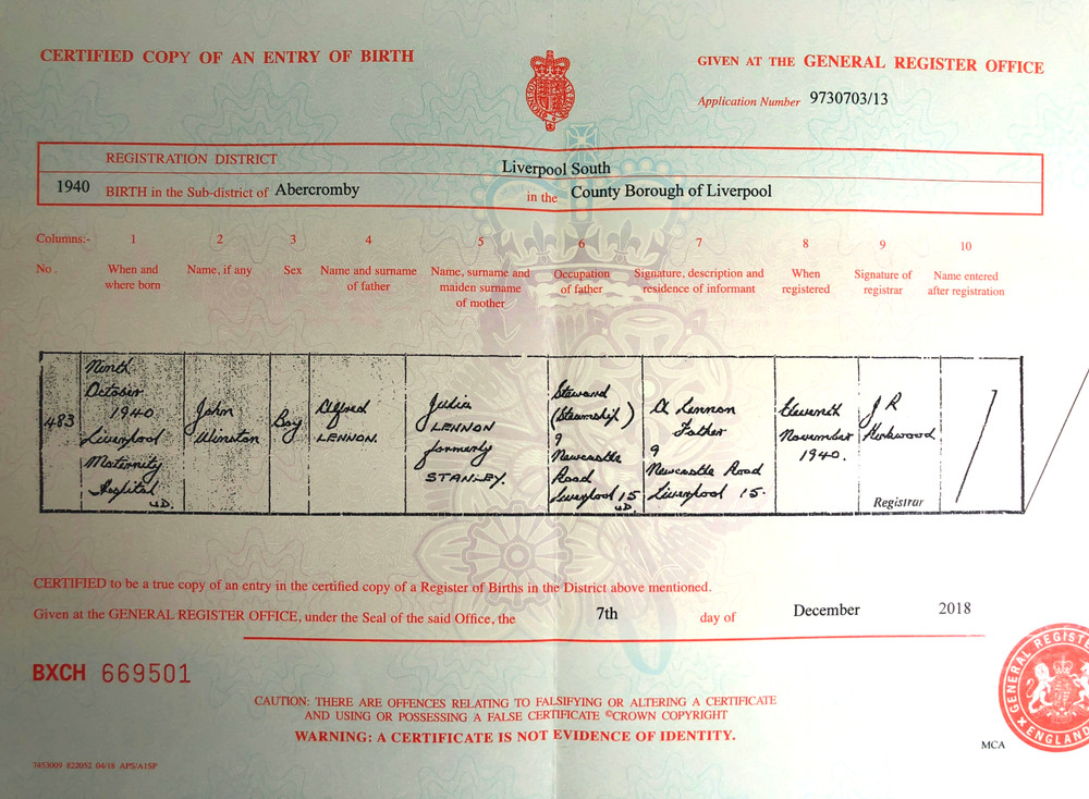 John Lennon Authentic Certified UK Birth Certificate Copy Authentic Beatles
