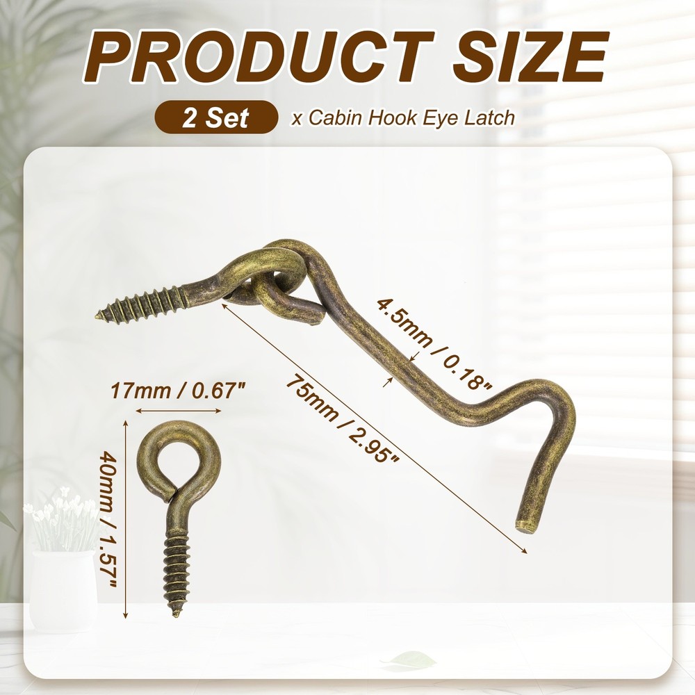2Pcs Cabin Hook Eye Latch, 3" Solid Brass Eye Latch Hook with Screws, Bronze